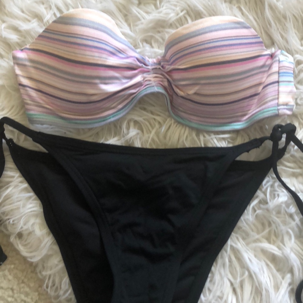striped Bikini Top with black Bottoms